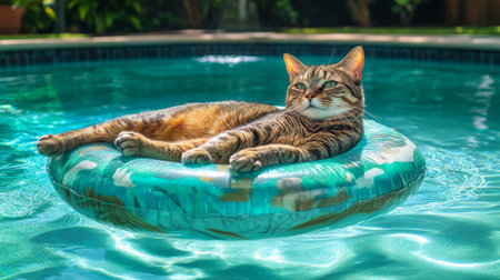 A charming cat lounges on a colorful pool float, enjoying a sunny day by the water. The vibrant blue pool enhances the relaxing atmosphere of summer bliss.の素材