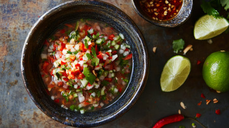 A vibrant bowl of fresh salsa featuring chopped vegetables, lime, and cilantro, perfect for adding flavor to any dish. Ideal for culinary photography.の素材