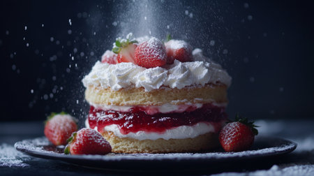 A beautifully layered fresh strawberry cake topped with whipped cream and a dusting of powdered sugar, perfect for any celebration or special occasion.の素材
