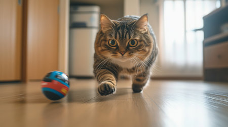 A playful cat swiftly chases a colorful ball in a cozy indoor setting. The furry companion showcases curiosity and energy, creating a joyful atmosphere.の素材