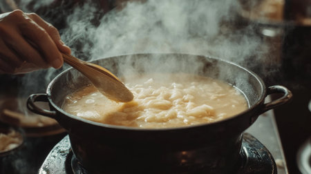 A close-up view of a hand stirring a steaming pot of delicious soup, showcasing the cooking process in a cozy kitchen setting. Perfect for food enthusiasts.の素材