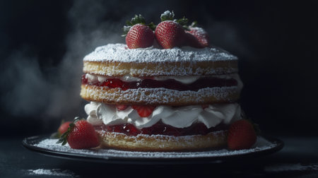 A mouth-watering strawberry layered cake featuring whipped cream and powdered sugar, perfect for any celebration or festive event, showcasing delicious flavors.の素材