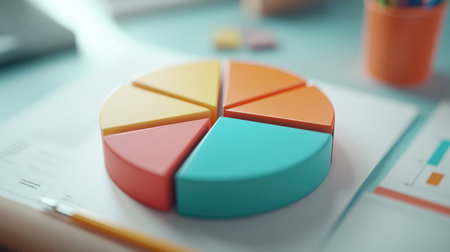 A close-up of a D pie chart, with distinct sections representing various financial metrics like income, expenditure, and savings, set in a professional setting.の素材