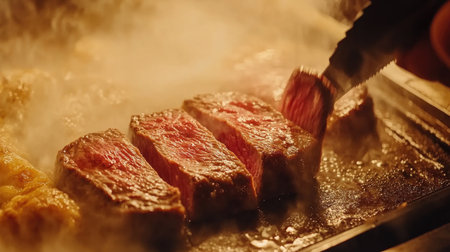 A close-up of a steak being sliced, revealing a juicy, pink center, with steam rising, emphasizing the tenderness and flavor that comes with a well-cooked steak.の素材