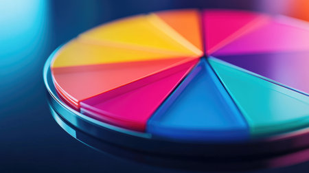 A close-up of a D pie chart with gradient colors, showcasing financial statistics, with each slice separated for emphasis, placed on a sleek, reflective surface.の素材