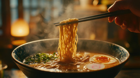 A close-up of a person using chopsticks to lift a delicious strand of ramen from the bowl, showcasing the rich broth and enticing toppings, with a warm and inviting background.の素材