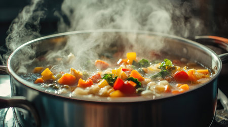 A close-up of a bubbling pot of soup with colorful ingredients, steam wafting upward, highlighting the warmth and comfort of hearty meals during chilly days.の素材