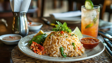 A cozy dining table set with a plate of Thai basil fried rice, accompanied by a side of spicy chili sauce and a refreshing drink, creating a warm and inviting atmosphere for a meal.の素材