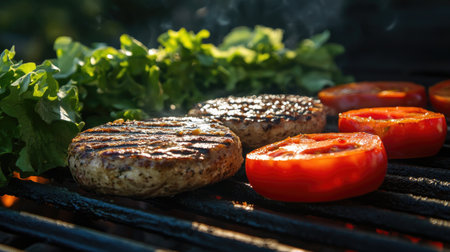 A close-up of a juicy burger being assembled with fresh lettuce, tomato, and cheese, showcasing the vibrant colors and textures of the ingredients on a grill.の素材