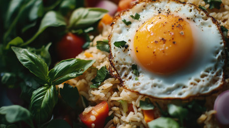 A close-up of a delicious serving of Thai basil fried rice, with a crispy fried egg resting on top, surrounded by fresh vegetables and herbs, showcasing the beauty of homemade Thai cuisine.の素材