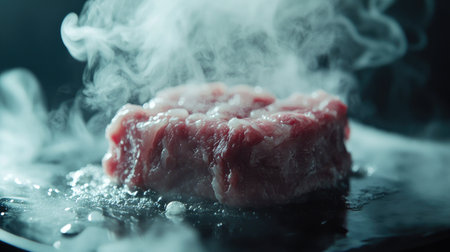 A close-up of a steak being sliced, revealing a juicy, pink center, with steam rising, emphasizing the tenderness and flavor that comes with a well-cooked steak.の素材