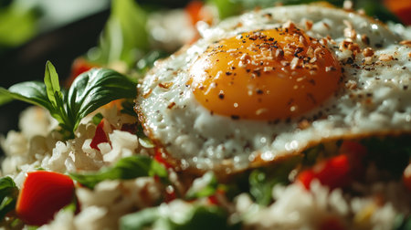 A close-up of a delicious serving of Thai basil fried rice, with a crispy fried egg resting on top, surrounded by fresh vegetables and herbs, showcasing the beauty of homemade Thai cuisine.の素材