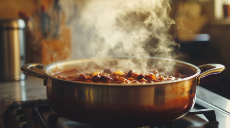 A close-up of a steaming pot of homemade chili on the stove, with rich, red sauce and chunks of meat and beans clearly visible, set against a warm kitchen backdrop.の素材
