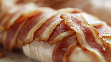 A close-up of bacon being wrapped around a juicy chicken breast, with a white background to emphasize the savory combination, perfect for gourmet cooking presentations.の素材