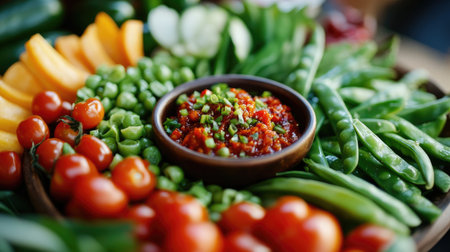 A close-up of a vegetable platter featuring a selection of fresh, crisp veggies like snap peas and cherry tomatoes, with a bowl of vibrant chili paste in the center.の素材