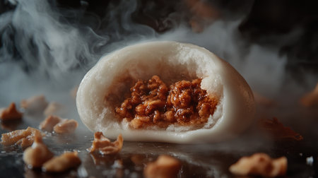 A close-up of a half-opened bao bun revealing its rich filling, with steam rising, capturing the enticing aroma and inviting texture that makes it irresistible.の素材