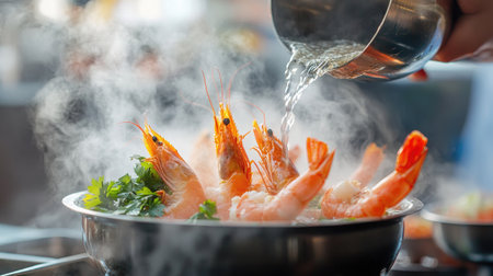 A close-up of a chef pouring hot shrimp soup into a bowl, with steam rising and vibrant ingredients like shrimp and cilantro visible, capturing the essence of Thai cooking.の素材