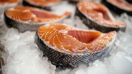 A close-up shot of fresh salmon fillets displayed on ice at a seafood market, highlighting their rich pink color and the textures of the fish, ready for culinary preparation.の素材