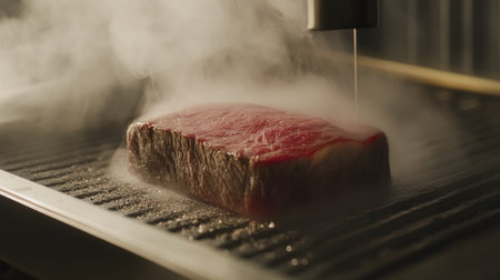 A close-up of a steak being sliced, revealing a juicy, pink center, with steam rising, emphasizing the tenderness and flavor that comes with a well-cooked steak.の素材