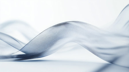 A close-up shot of a modern router emitting a visible Wi-Fi signal, represented by transparent digital waves spreading across the frame on a clean white background.の素材