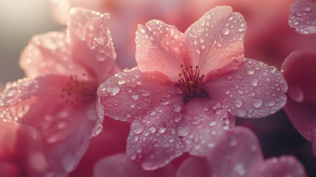 A close-up shot of cherry blossoms with droplets of morning dew on the petals, capturing the delicate beauty of the flowers in soft, natural light.の素材