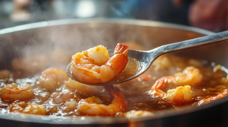 A close-up of a ladle scooping steaming hot shrimp soup, showcasing the rich broth and plump shrimp, with a blurred background of a lively kitchen scene.の素材