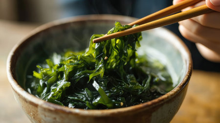 A close-up of a person enjoying a bowl of hot seaweed soup, with chopsticks poised above the bowl, showcasing the comforting and soothing nature of this traditional dish.の素材