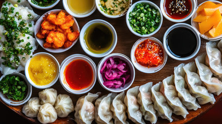A colorful assortment of dumplings arranged on a platter, with dipping sauces in small bowls, perfect for showcasing the variety and flavors of traditional Asian appetizers.の素材