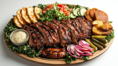 A colorful presentation of grilled pork ribs with a variety of sides, including fresh salad, garlic bread, and pickles, arranged attractively on a serving platter.の素材