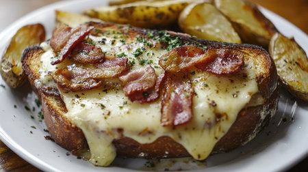 A close-up of a toasted sandwich with melted cheese and crispy bacon, with a sprinkle of herbs on top and a side of crispy potato wedges on a white plate.の素材