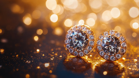 A close-up shot of a pair of elegant diamond earrings sparkling in soft lighting, highlighting their intricate design and brilliance.の素材