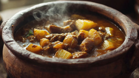 A close-up of a traditional clay pot with a steaming, savory stew inside, set on a rustic table with a focus on the rich, comforting food and the pot's texture.の素材