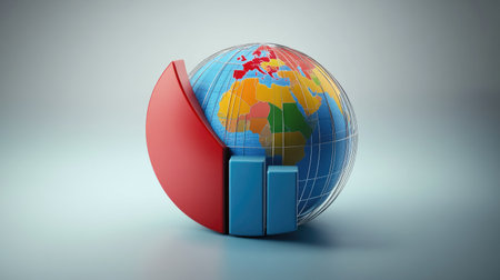 A conceptual shot of a D pie chart merging with a globe, symbolizing global market trends and statistics, set against a modern digital background to convey a sense of international business.の素材