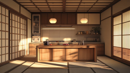 A contemporary Japanese kitchen with sleek cabinetry, a minimalist design, and a clean, uncluttered layout, incorporating traditional elements with modern functionality.の素材