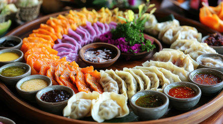 A colorful assortment of dumplings arranged on a platter, with dipping sauces in small bowls, perfect for showcasing the variety and flavors of traditional Asian appetizers.の素材