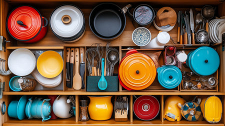 A bustling kitchen drawer showcasing a vibrant assortment of pots, pans, and utensils for cooking and baking. Perfect for design inspiration.の素材