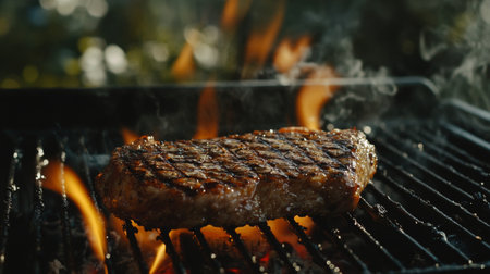 A perfectly grilled steak showcases its juicy texture and rich flavor, surrounded by flames that enhance the outdoor cooking experience and summer enjoyment.の素材