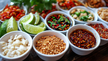 Explore a vibrant assortment of fresh ingredients perfect for enhancing Asian dishes. Discover the bold colors and diverse flavors of spices, herbs, and condiments.の素材