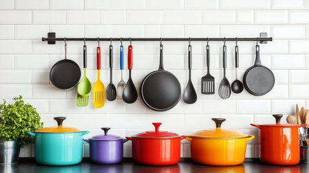 A vibrant display of kitchen utensils and colorful cookware arranged on a wall rack, showcasing modern kitchen design and functionality in a tidy space.の素材