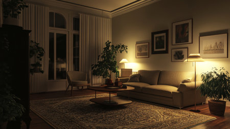 This image showcases a cozy living room illuminated by soft evening light, featuring a comfortable sofa, stylish armchair, and lush plants, creating a peaceful ambiance perfect for relaxation.の素材
