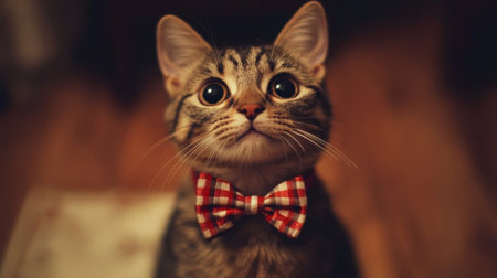 Adorable young cat with big eyes wearing a stylish red and white bow tie, exuding charm and playfulness. Perfect for showcasing pet fashion.の素材
