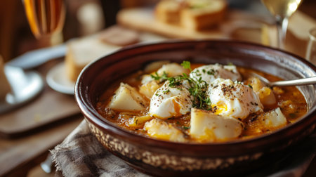 A warm, inviting bowl of soup featuring poached eggs, fresh vegetables, and herbs, perfect for a hearty meal. Ideal for food photography enthusiasts.の素材