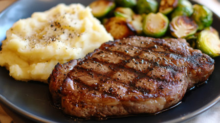 This mouthwatering image shows a perfectly grilled steak served with creamy mashed potatoes and roasted Brussels sprouts, creating a delicious meal. Perfect for food lovers!の素材