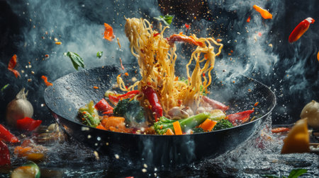 A dynamic and colorful stir-fry scene captures flying vegetables and noodles in a pan, showcasing the excitement of cooking fresh ingredients.の素材