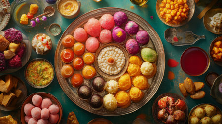 A vibrant assortment of colorful Indian sweets displayed artfully on a traditional platter, perfect for festive celebrations and gatherings.の素材