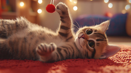 A playful kitten enjoys batting at a red pom-pom on a soft rug. This heartwarming scene captures the joy and innocence of pet playtime in a cozy indoor setting.の素材