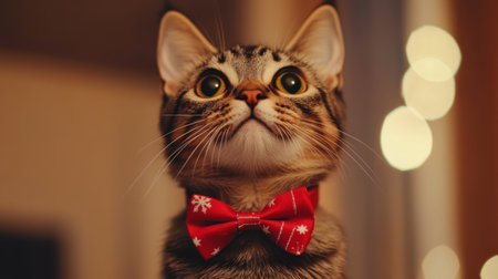 This charming image features an adorable cat wearing a festive red bow tie, captured with soft holiday lights in the background, exuding warmth and cheer.の素材