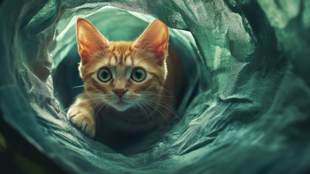 A curious ginger cat peeks out from a green textile tunnel, showcasing its playful and inquisitive nature. The soft light highlights its expressive features.の素材