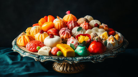 This vibrant platter features a delightful assortment of traditional Asian sweet desserts. Perfect for celebrations or casual gatherings, these treats showcase beautiful colors and intricate designs.の素材