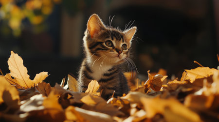 A cute kitten explores a bed of vibrant autumn leaves, surrounded by beautiful nature. The soft sunlight highlights the kitten's playful spirit and charm.の素材